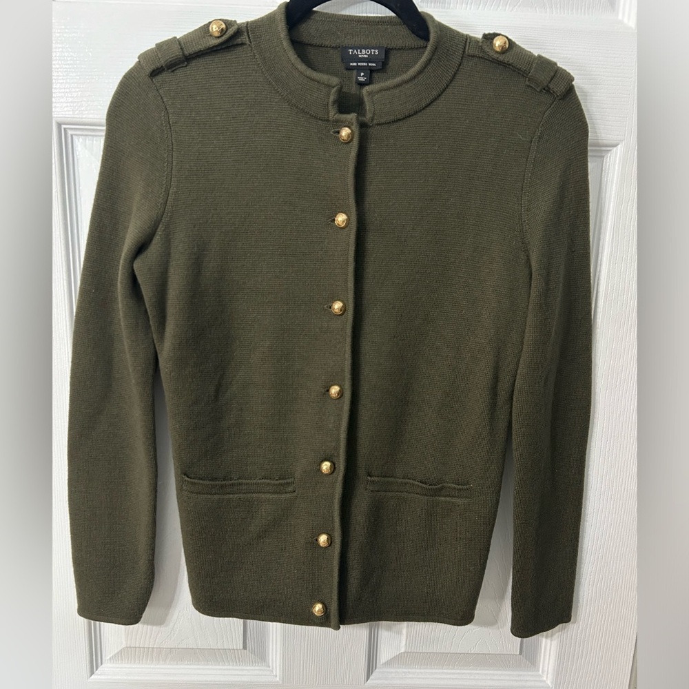 Talbots Merino Wool Olive Green Cardigan Gold Buttons- 100% Pure Merino Wool